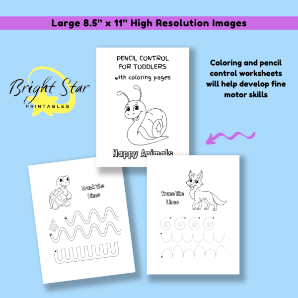 Image of 2 larger size pencil control worksheets and the title page