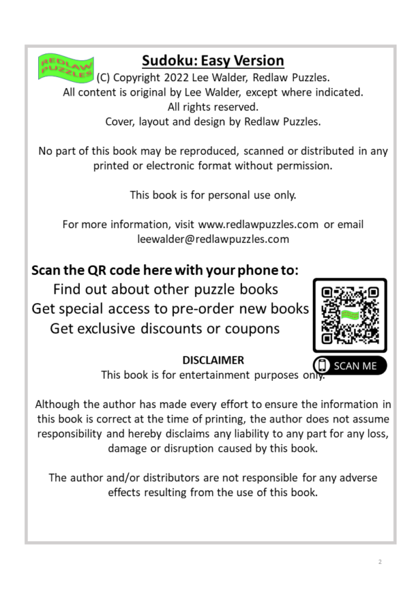 Instant Downloadable Easy Sudoku Printable 1 per Page Puzzle Book for Adults. Contains 100 'Easy' Puzzles with Answers - Image 3