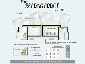 Image of a set of computers and phones showing the details of the inside of the Reading Addict Planner