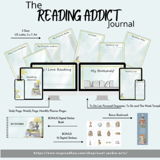 Image of a set of computers and phones showing the details of the inside of the Reading Addict Planner