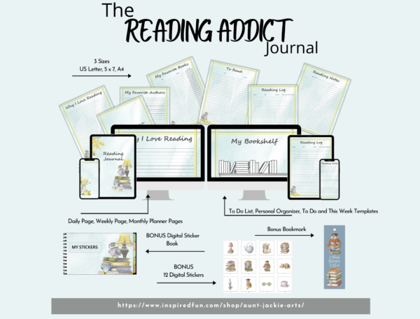 Image of a set of computers and phones showing the details of the inside of the Reading Addict Planner