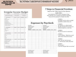 Irregular Income Budgeting Worksheets | Expenses by Paycheck | Ramsey's Baby Steps | Bill Payment Tracker | Printable