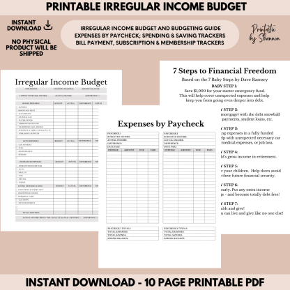 Irregular Income Budgeting Worksheets | Expenses by Paycheck | Ramsey's Baby Steps | Bill Payment Tracker | Printable