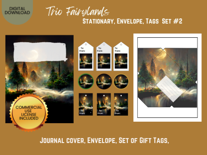 Trio Fairylands Stationary - COMMERCIAL Use Printable Journal Cover, Tags, 9 Styles of Journal Pages - Trio Fairyland - Landscape - US Letter - Digital Download for PLR - Trio Fairylands Stationary, Journal Cover, Envelope, Tags Set #2 - Image 2