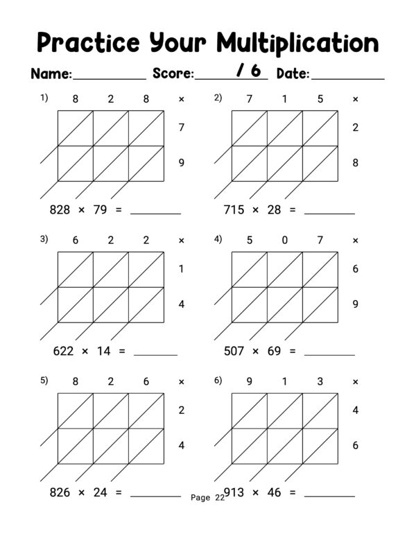 400 2x1 Digit Lattice Multiplication Worksheets With Answer Key - Image 3