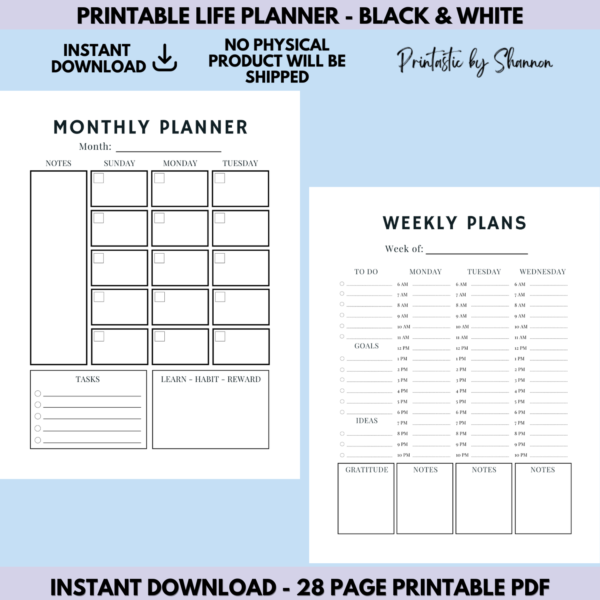 Printable Life Planner, Minimal Design, Black & White, Save Ink, Plans, Goals, Self-Care, Fitness, Health, Travel, Finance - Image 2