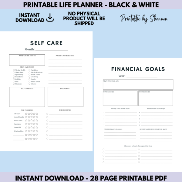 Printable Life Planner, Minimal Design, Black & White, Save Ink, Plans, Goals, Self-Care, Fitness, Health, Travel, Finance - Image 4