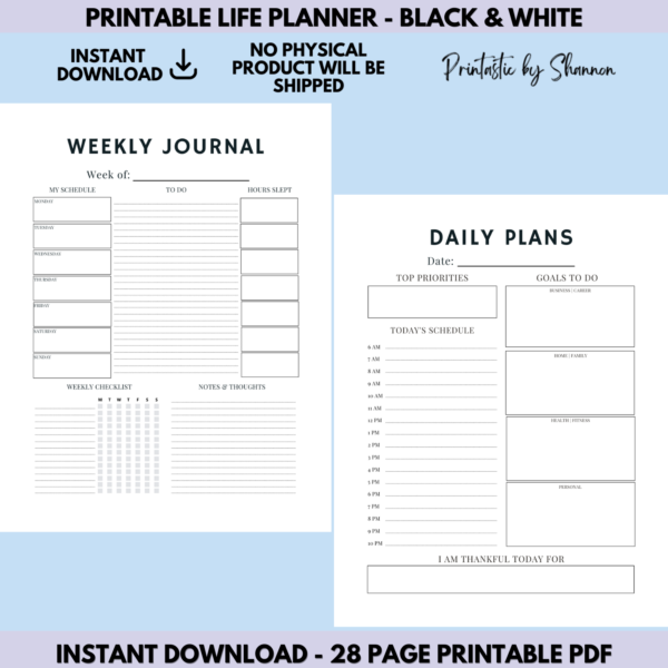 Printable Life Planner, Minimal Design, Black & White, Save Ink, Plans, Goals, Self-Care, Fitness, Health, Travel, Finance - Image 3