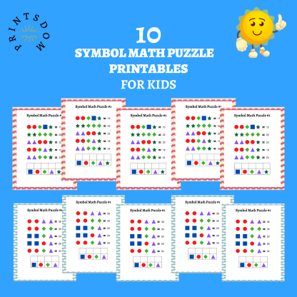 10 Printable Math Worksheets, Symbol Math Puzzles, Counting Worksheets, Calculation Workbook for Kids, Kids Activity Sheets