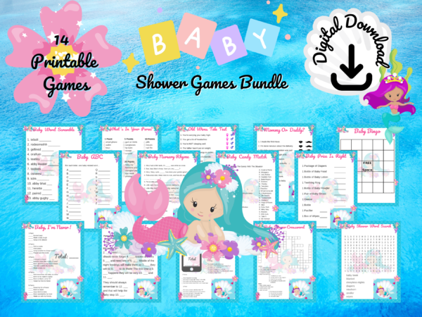 14 Pretty Mermaid Baby Shower Game Bundle with Bonuses