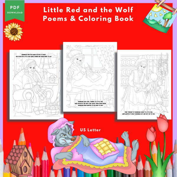 Little Red, Big Bad Wolf, Poems, Coloring Book , Classic Stories Coloring Book, Riding Hood Coloring, Coloring Bundle, for Teens, 30 Pages - Image 2