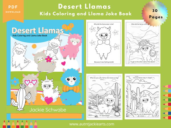 Llama Coloring, Coloring Page Bundle, Llama Coloring Pages for Kids, 30 Pages, Kids Joke Book, US Letter, Desert Llamas,Alpaca in the Desert