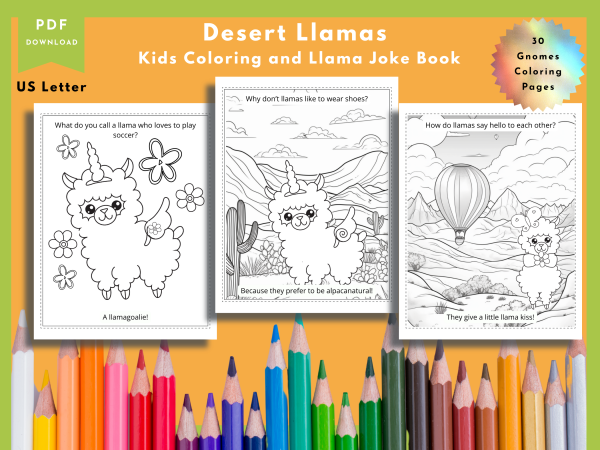 Llama Coloring, Coloring Page Bundle, Llama Coloring Pages for Kids, 30 Pages, Kids Joke Book, US Letter, Desert Llamas,Alpaca in the Desert - Image 2