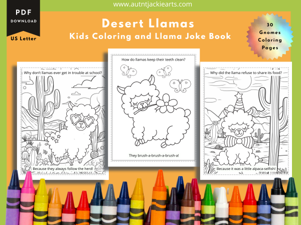 Llama Coloring, Coloring Page Bundle, Llama Coloring Pages for Kids, 30 Pages, Kids Joke Book, US Letter, Desert Llamas,Alpaca in the Desert - Image 9