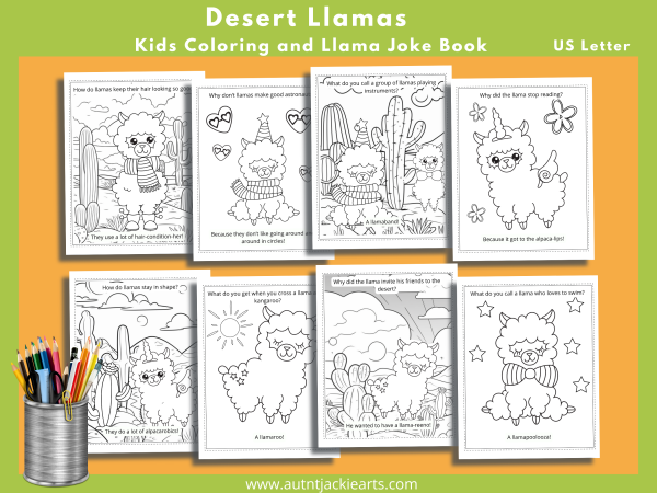 Llama Coloring, Coloring Page Bundle, Llama Coloring Pages for Kids, 30 Pages, Kids Joke Book, US Letter, Desert Llamas,Alpaca in the Desert - Image 4