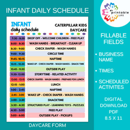 Daycare Daily Schedule for Infants Printable Child Care Fillable PDF