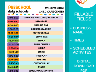 Daycare Daily Schedule for PRESCHOOL Printable Child Care Fillable PDF