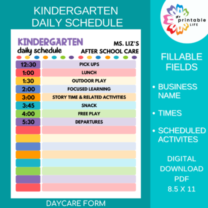 Daycare Daily Schedule for Kindergarten Printable Child Care Fillable PDF