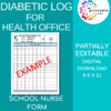 DIABETIC LOG for Health Office, School Nurse Form
