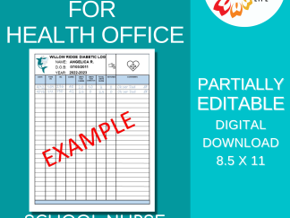 DIABETIC LOG for Health Office, School Nurse Form