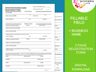 DAYCARE REGISTRATION FORM Fillable Business Name Printable Child Care Paperwork