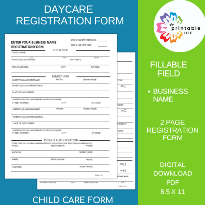 DAYCARE REGISTRATION FORM Fillable Business Name Printable Child Care Paperwork