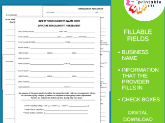 DAYCARE ENROLLMENT AGREEMENT Form, Fillable Child Care Contract