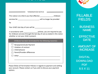 Child Care TERMINATION NOTICE Form Daycare Printable, Childcare Template, Instant Download, Digital File, Editable Name Field