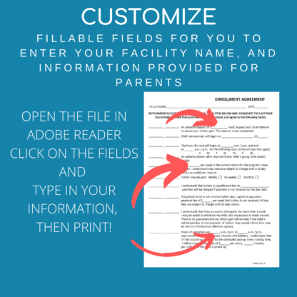 DAYCARE ENROLLMENT AGREEMENT Form, Fillable Child Care Contract - Image 2