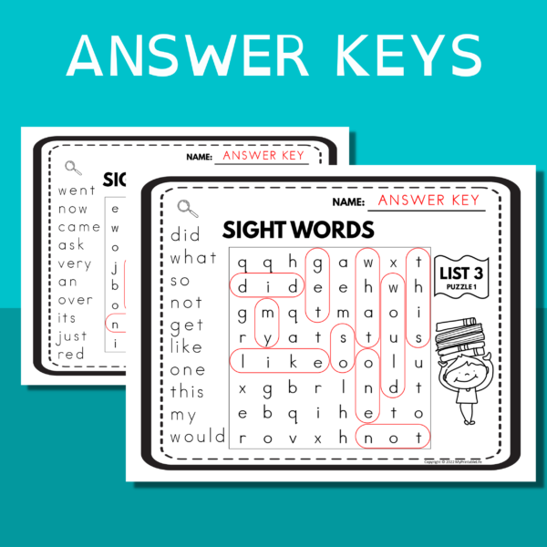 sample answer keys for the word search puzzles