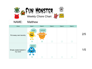 Fun Monster Chore Chart for kids Google Sheets Spreadsheet chore tracker