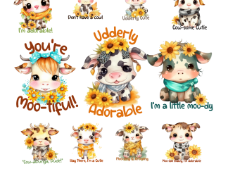 Udderly Adorable Clip Art Set of 24, Cute Cow PNG, SVG and Sublimation Design, Instant Download with Commercial Use License, Transparent PNG