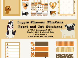 Doggie Planner Stickers, Print and Cut Stickers, Puppy Stickers, 50 Stickers, Cute Dog Sticker Sheet, Digital Stickers, Pug Stickers