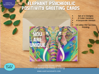 PRINTABLE GREETING Cards - Elephant Psychedelic Positivity 4 Designs | - Kindness Greeting Card - Colored, Grayscale - 5 x7