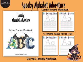 Halloween Spooky Alphabet Adventure Letter Tracing Workbook, 136-Page Printable Workbook, "A" for Alien to "Z" for Zombie, Kid Activity Book