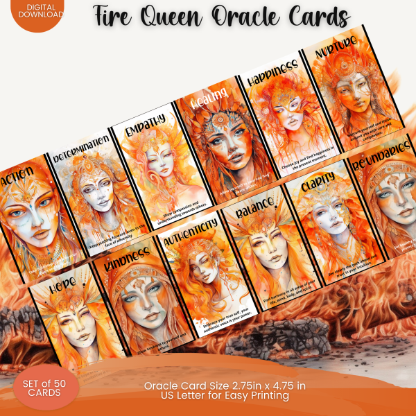PRINTABLE CARD Deck, Spiritual Women, Fire, Queen, Oracle Cards, Tarot Size, 2.75 x 4.75, Letter, Digital Download, 50 Cards, Watercolor - Image 3