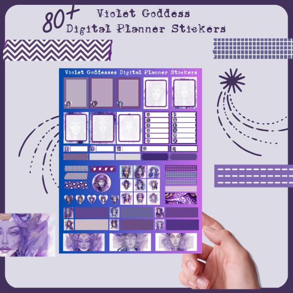 Violet Goddess Digital Planner Stickers, Print, and Cut Stickers, Spiritual Stickers, 80+ Stickers, PNG and Transparent PNG Sticker Sheet, Digital Stickers, Digital Planner Stickers - Image 2