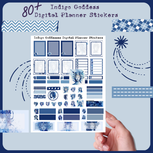 Indigo Goddess Digital Planner Stickers, Print, and Cut Stickers, Spiritual Stickers, 80+ Stickers, PNG and Transparent PNG Sticker Sheet, Digital Stickers, Digital Planner Stickers - Image 2