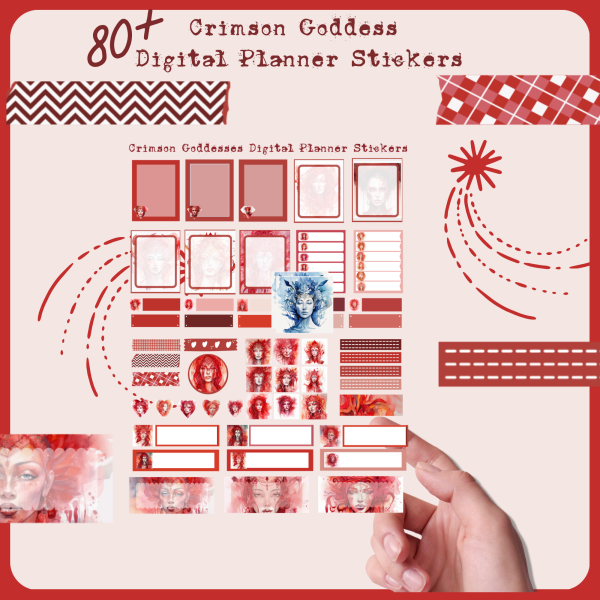 Crimson Goddess Digital Planner Stickers, Print, and Cut Stickers, Spiritual Stickers, 80+ Stickers, PNG and Transparent PNG Sticker Sheet, Digital Stickers, Digital Planner Stickers, Red - Image 2