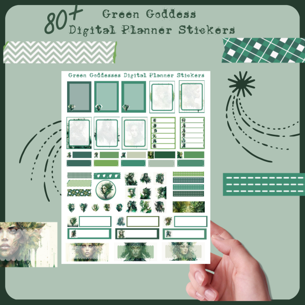 Green Goddess Digital Planner Stickers, Print, and Cut Stickers, Spiritual Stickers, 80+ Stickers, PNG and Transparent PNG Sticker Sheet, Digital Stickers, Digital Planner Stickers, Hunter Green - Image 2