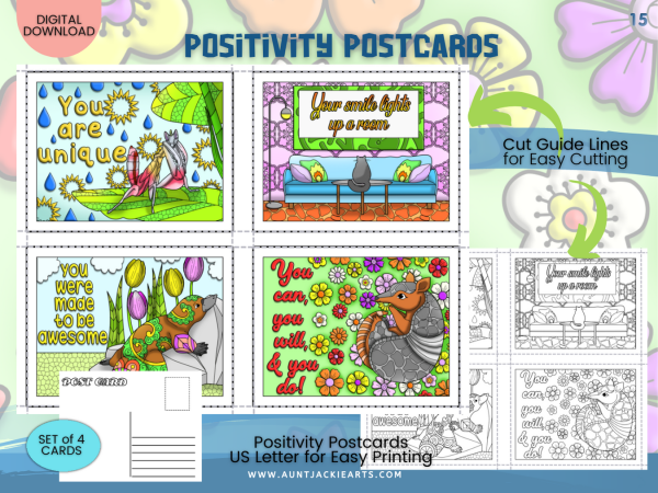 Positivity Postcards [00015] - Armadillo - 6 Page PDF, Cut Guide Lines, Colored, Black and White, Outlined - Image 3