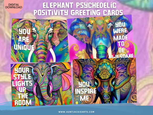 PRINTABLE GREETING Cards - Elephant Psychedelic Positivity 4 Designs | - Kindness Greeting Card - Colored, Grayscale - 5 x7 - Image 2