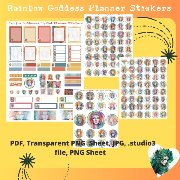 Rainbow Goddess Digital Planner Stickers, Print, and Cut Stickers, Spiritual Stickers, 150+ Stickers, PNG and Transparent PNG Sticker Sheet, Digital Stickers, Digital Planner Stickers, Rainbow Stickers - Image 3