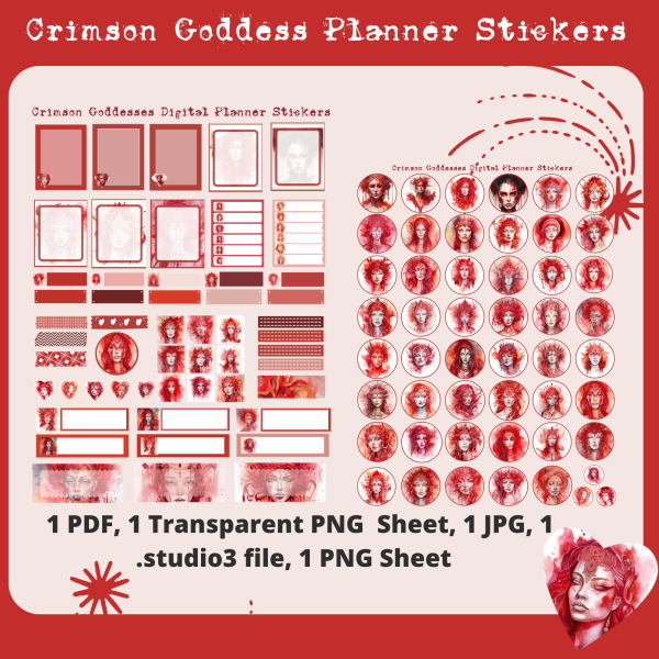 Crimson Goddess Digital Planner Stickers, Print, and Cut Stickers, Spiritual Stickers, 80+ Stickers, PNG and Transparent PNG Sticker Sheet, Digital Stickers, Digital Planner Stickers, Red - Image 3