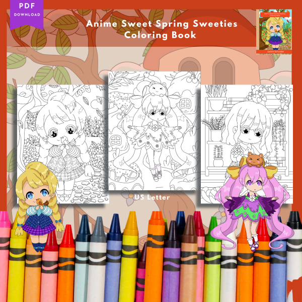 PRINTABLE COLORING Anime Sweet Spring Sweeties – Coloring Book - 30 Coloring Pages - US Letter - Anime Characters - Image 3