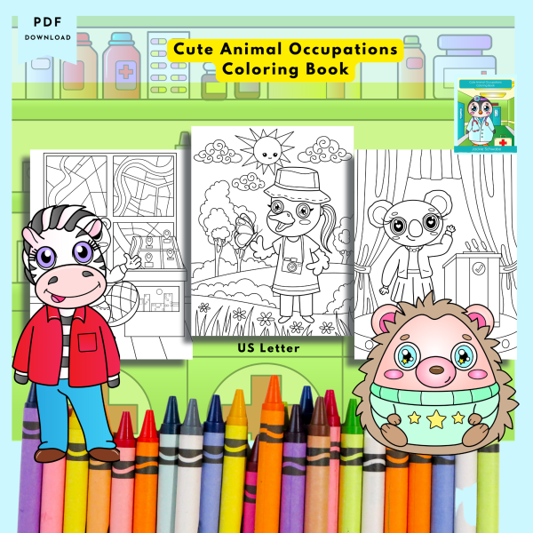 PRINTABLE COLORING - Cute Animal Occupations – Coloring Book - 30 Coloring Pages - US Letter - Animals, Jobs, Llama, Panda, Hippo, Koala - Image 3