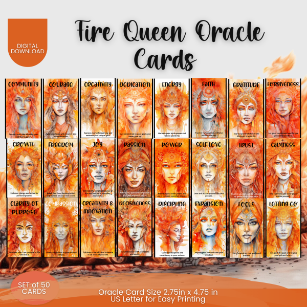 PRINTABLE CARD Deck, Spiritual Women, Fire, Queen, Oracle Cards, Tarot Size, 2.75 x 4.75, Letter, Digital Download, 50 Cards, Watercolor - Image 4