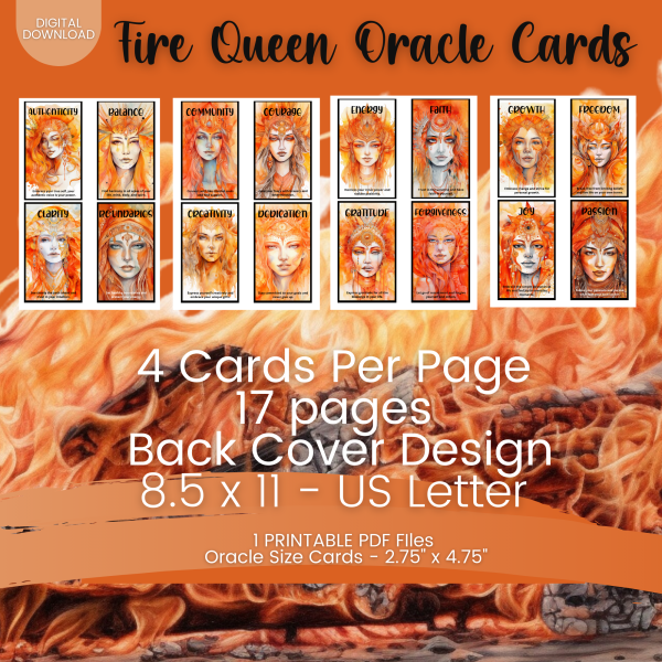 PRINTABLE CARD Deck, Spiritual Women, Fire, Queen, Oracle Cards, Tarot Size, 2.75 x 4.75, Letter, Digital Download, 50 Cards, Watercolor - Image 5