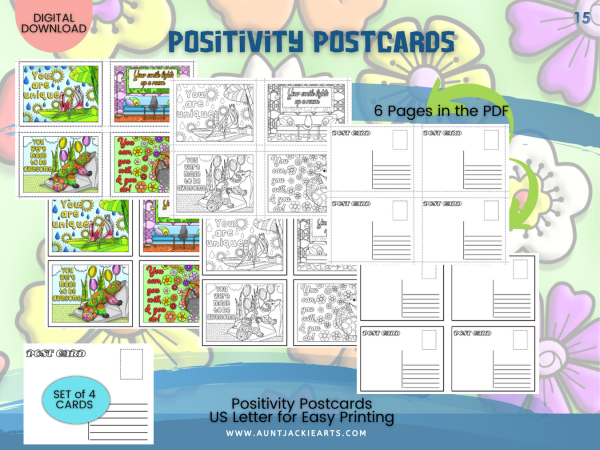Positivity Postcards [00015] - Armadillo - 6 Page PDF, Cut Guide Lines, Colored, Black and White, Outlined - Image 5