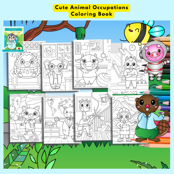PRINTABLE COLORING - Cute Animal Occupations – Coloring Book - 30 Coloring Pages - US Letter - Animals, Jobs, Llama, Panda, Hippo, Koala - Image 5